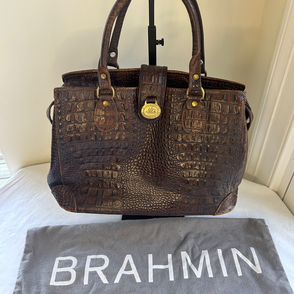 VTG Brahmin Doctor Bag Pecan Melbourne Crocodile Embossed Leather Handbag